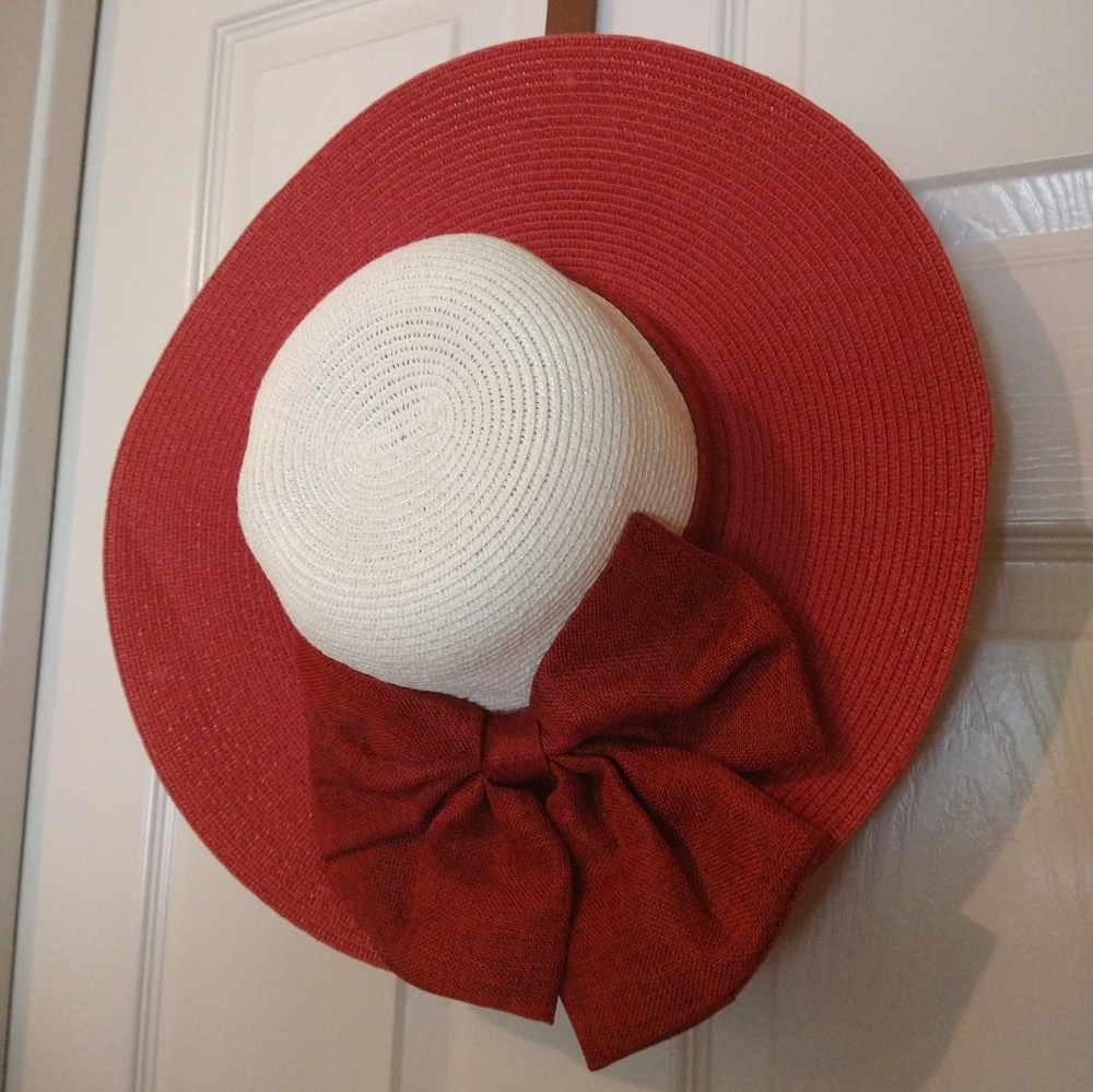 Unbranded red white sun bucket hat bow spring summer garden